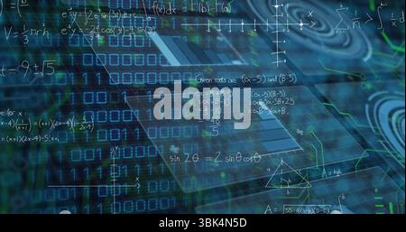 Translucent blue panel floating in virtual 3D data grid, with binary digits and equations Stock Photo