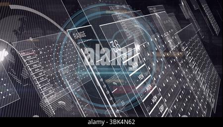 Floating translucent 3D panels in digital visualization space, showing currency code readouts Stock Photo