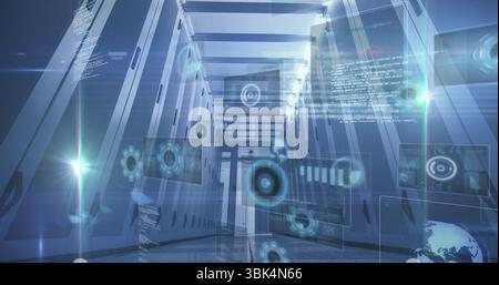 Displaying central data center corridor with server racks and floating holographic UI elements Stock Photo