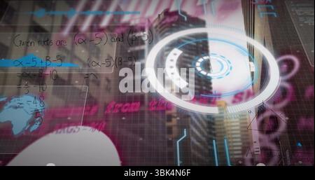 Hovering circular interface projecting equations over skyscraper at urban centre, with grid overlay Stock Photo
