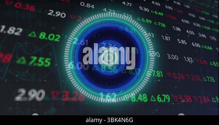 Showing concentric HUD rotating readouts on computer screen, with green, red triangles, waveforms Stock Photo