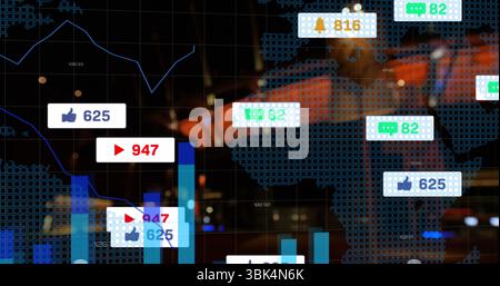 Displaying dashboard at control hub with world map grid, bar and line charts, social media icons Stock Photo