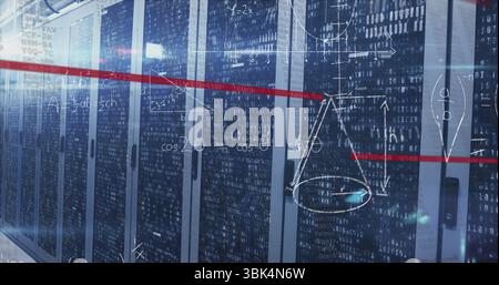 Displaying server racks emitting blinking LED lights in data center corridor, with code overlay Stock Photo
