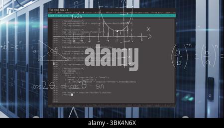 Displaying dark terminal window processing code and graph in data center, with racks and formulas Stock Photo