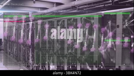 Displaying code overlay across server racks lining data center aisle, with glowing status lights Stock Photo