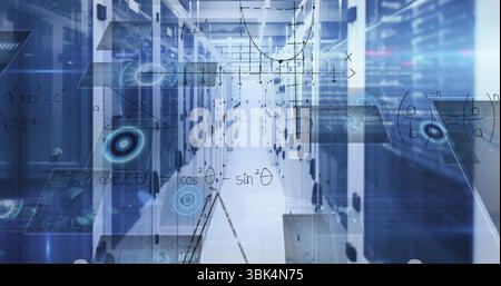 Glowing server racks with perforated doors displaying holographic overlays in data center corridor Stock Photo