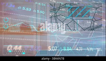 Displaying translucent digital dashboard overlay on office view, with line charts and map grid data Stock Photo
