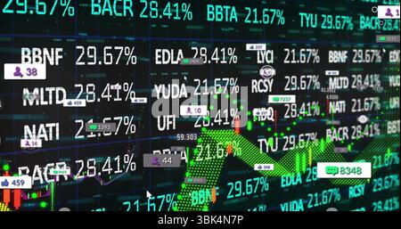 Displaying financial dashboard at trading terminal, with rising arrow chart and social metrics Stock Photo