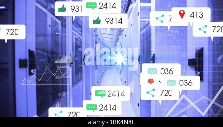 Showing central aisle between racks in data center corridor with floating social icons and graphs Stock Photo