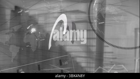 Displaying double-arched logo icon overlaying interface in office, with wireframe map and globe Stock Photo
