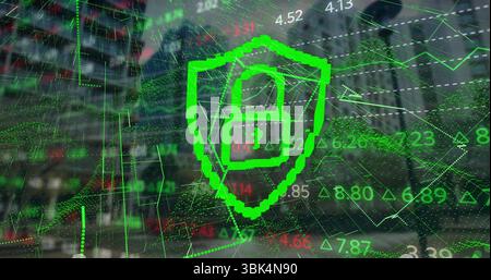 Displaying neon green shield showing padlock icon over financial district scene, with floating data Stock Photo