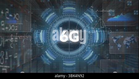 Animating 6G in digital environment showing HUD rings, radial bars, data panels, formulas and grid Stock Photo