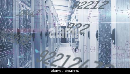 Showing central corridor in data center holding rack-mounted servers and cable trays, math overlay Stock Photo