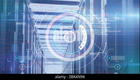 Projecting circular holographic interface overlay in server corridor, with racks, LED status lights Stock Photo