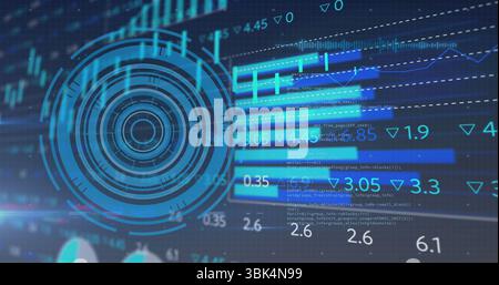 Displaying circular HUD interface graphic over grid backdrop, with bar charts and code overlays Stock Photo
