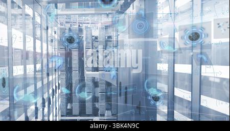 Displaying server racks projecting holographic equations in data center corridor, with LED lights Stock Photo