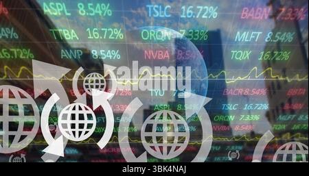 Displaying finance floating at digital trading display, with tickers percent values and globe icons Stock Photo