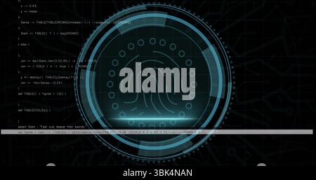 Displaying biometric fingerprint graphic on terminal screen, with concentric HUD arcs and code Stock Photo