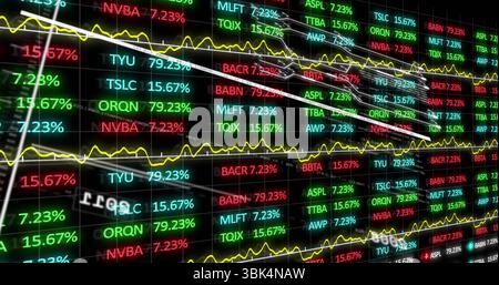 Displaying electronic ticker grid showing colored percentages and line graphs on trading floor Stock Photo