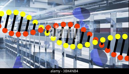 Displaying DNA helix graphic in server room showcasing server cabinets, cable trays, blue spheres Stock Photo