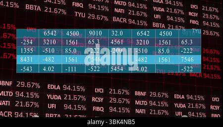 Displaying translucent turquoise data table on digital dashboard, with scrolling red stock ticker Stock Photo