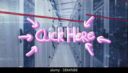 Illuminating neon Click Here sign with pink-white arrows shining in server aisle with server racks Stock Photo
