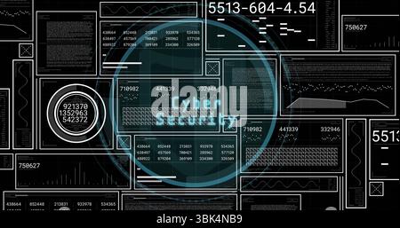 Displaying central circular overlay highlighting Cyber text on computer dashboard, with data panels Stock Photo