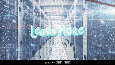 Displaying Learn More phrase glowing in data center corridor, with server racks and code streams Stock Photo