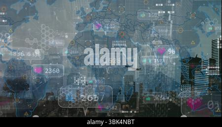 Displaying digital interface overlay over city skyline at dusk, with world map and data icons Stock Photo
