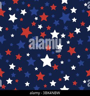 Seamless pattern with red, white and blue stars on a dark background. Ideal for American designs Independence Day, Veteran Day, wrapping paper, patrio Stock Vector
