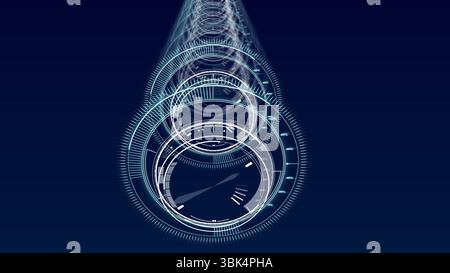 Displaying digital gauge circles on navy gradient with progress arcs, rings and numeric indicators Stock Photo