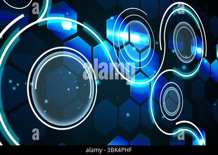 Abstract digital scene is showcasing hex grid with floating concentric neon arcs and light streaks Stock Photo