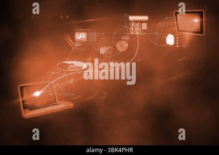 Network flow is showing laptop connecting to tablet in flat design with glowing binary code icons Stock Photo