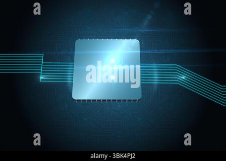 Flat design microchip is glowing with lens-flare highlights and cyan circuit traces on dark grid Stock Photo