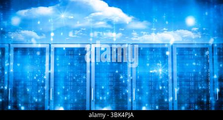 Stylized digital render is showing server racks glowing blue with cloud icons and streaming binary Stock Photo