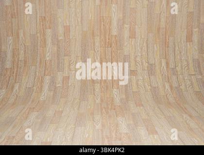 Curving wooden parquet forming flat design stage backdrop, highlighting natural grain patterns Stock Photo