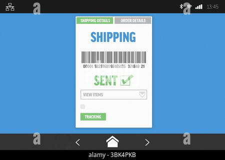Displaying flat design touchscreen shipping panel with barcode, tabs, checked box, tracking button Stock Photo