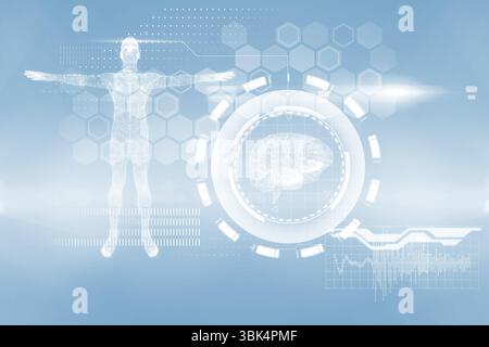 Displaying translucent wireframe human in T-pose with circular HUD, brain, hex data grid, charts Stock Photo