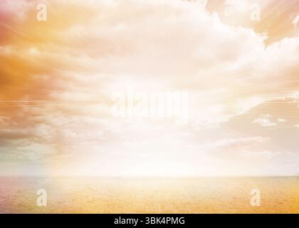 Flat design seascape illustration is showing sun rays streaming through clouds over calm ocean glow Stock Photo