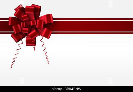 Glossy red ribbon bow is floating on flat design white backdrop showing striped band, curled tails Stock Photo