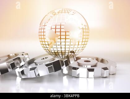3D metallic grid globe with gold continents is hovering above silver gears on reflective surface Stock Photo