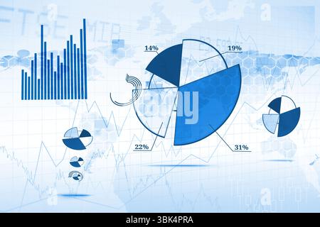 Infographic is showing blue 3D pie chart with bar and line graphs, grid and map overlays Stock Photo