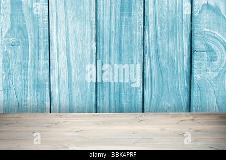 Flat design is showing weathered blue wooden plank wall and light-gray tabletop surface Stock Photo