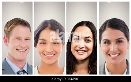 composite portraits showing four smiling professionals in flat design on light gray background Stock Photo