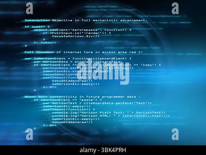 Clipboard code is floating on dark blue background, featuring glowing globe grid and light streaks Stock Photo