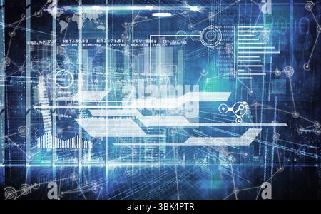 Central HUD interface is displaying code streams and charts on flat design panel with world map Stock Photo