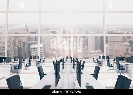 Displaying open-plan office interior in flat design, featuring white desks, black chairs, monitors Stock Photo