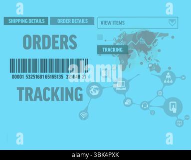 Flat design order tracking UI is showing barcode under ORDERS with menu buttons and map overlay Stock Photo