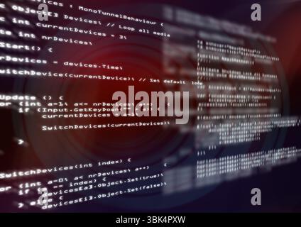 Flat design code overlaying dark screen is showing loops and function calls with red lens flare Stock Photo