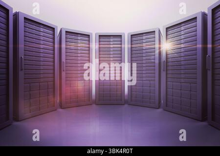 Seven server racks are standing in 3D render room with glowing purple LEDs on reflective floor Stock Photo
